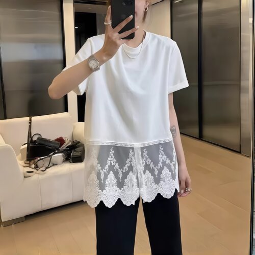 夏季减龄蕾丝拼接短袖T恤白色