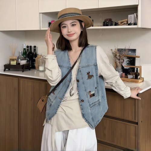 2026春节刺绣牛仔马甲女小个子