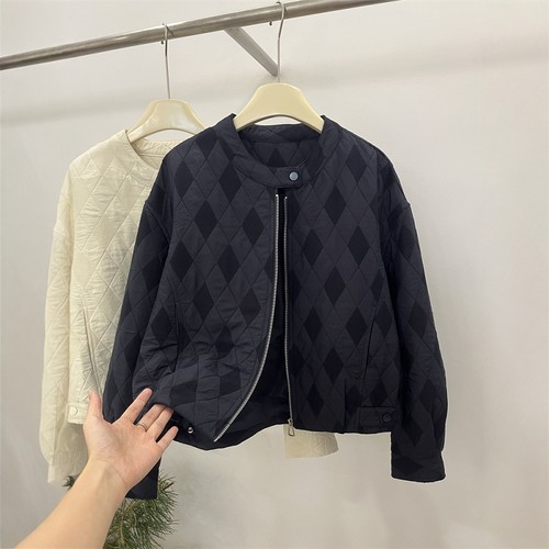 欧货高级时尚纯色菱形格轻薄棉衣