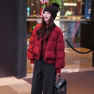 韩版时尚洋气红色羽绒服女短款冬季新款白鸭绒荷叶花边面包服外套