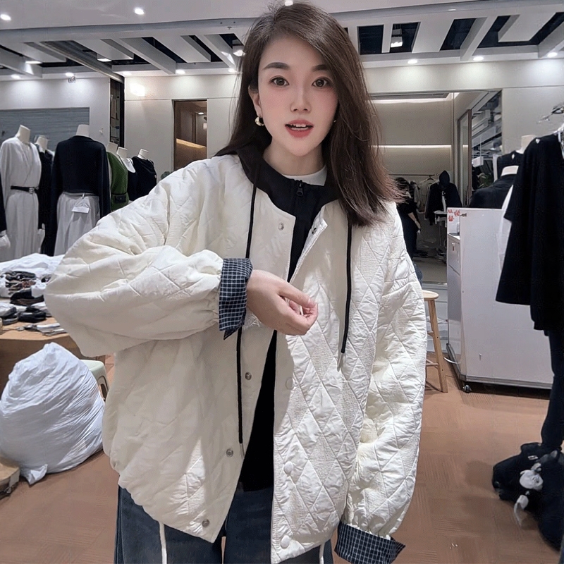 菱格棒球服薄棉衣外套女
