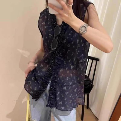 复古碎花V领无袖雪纺衬衫女设计感小众夏日漂亮小衫木耳花边上衣