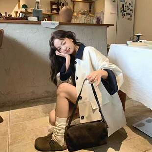 韩系撞色翻领风衣外套女2026春秋新款高级感时尚超好看中长款大衣