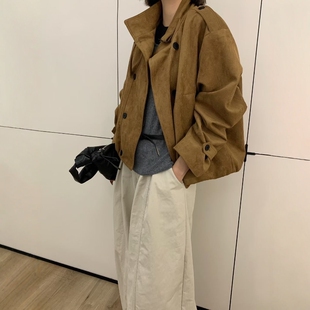 2025秋新韩版 短夹克上衣 宽松显瘦百搭立领双排扣麂皮绒外套女时尚