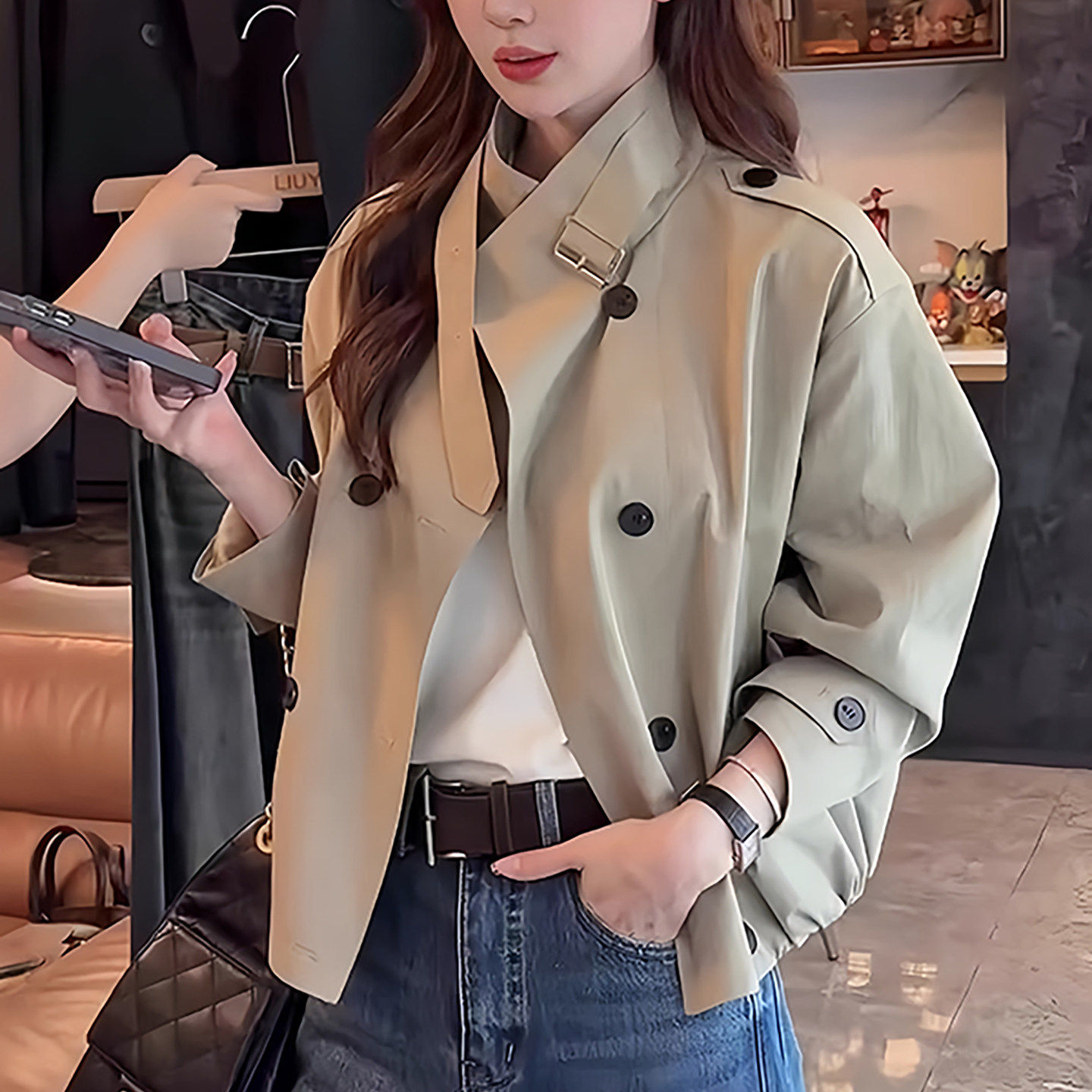 春秋韩系短款立领小个子风衣女图片