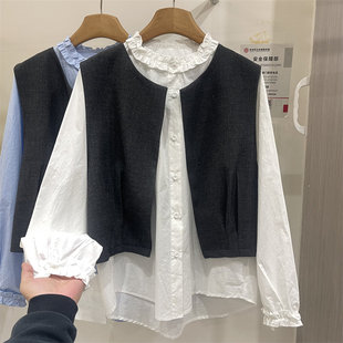 时尚 新款 设计感木耳领长袖 衬衫 马甲两件套女潮 韩版 无袖 2026春季