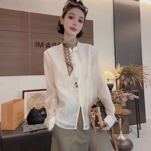 春夏新中式立领提花长袖女衬衫
