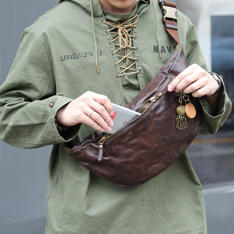 玩爷手工真皮男士胸包头层牛皮背包大容量胸前斜挎包做旧褶皱腰包,箱包皮具/热销女包/男包,胸包,淘宝优惠券,粉丝福利购,淘宝优惠卷