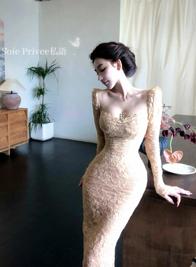 法式名媛性感一字肩礼服长裙高级感紧身收腰显瘦蕾丝包臀连衣裙女