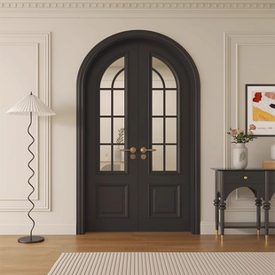 实木拱形门烤漆圆弧形定制双开门卧室房间门黑色欧法式 复古入户门