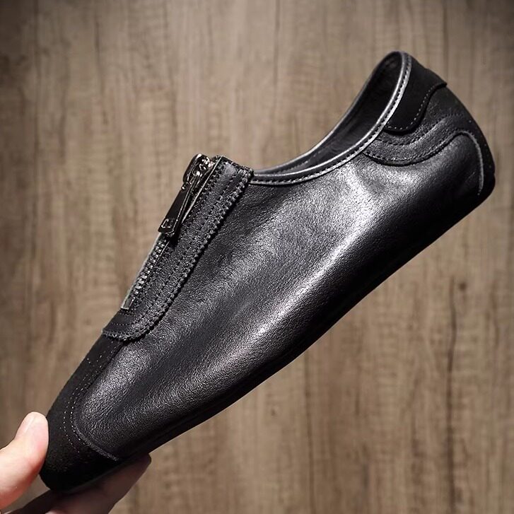欧仕凯男鞋马皮前拉链圆头薄低德训鞋复古百搭真皮潮流男士休闲鞋