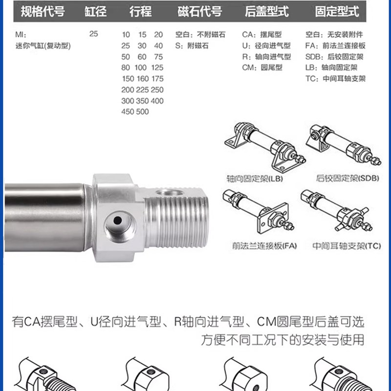 亚德客型/MI系列/迷你n附件气缸/圆尾中摆型/MI10/12/16/20S-CM-T