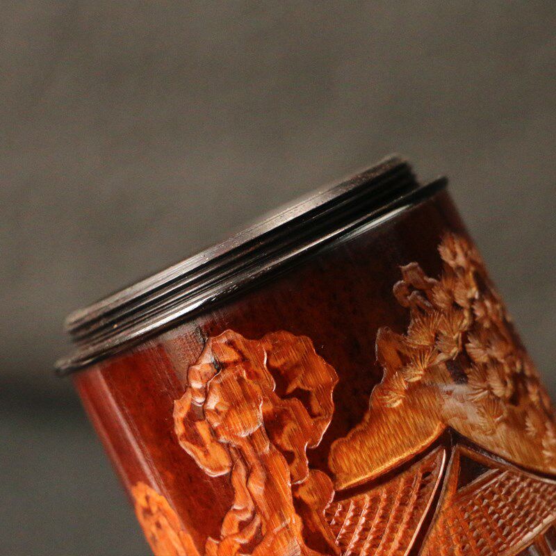 一物一拍精品纯手工雕刻山水风光老煤竹茶叶罐R真宗百年煤竹竹雕