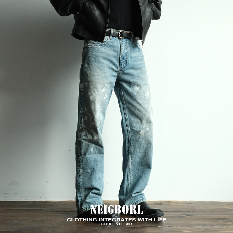 【熊孩子】NEIGBORL钊叔制美式复古水洗泼墨宽松休闲直筒牛仔裤