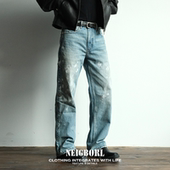 NEIGBORL钊叔制美式 熊孩子 复古水洗泼墨宽松休闲直筒牛仔裤