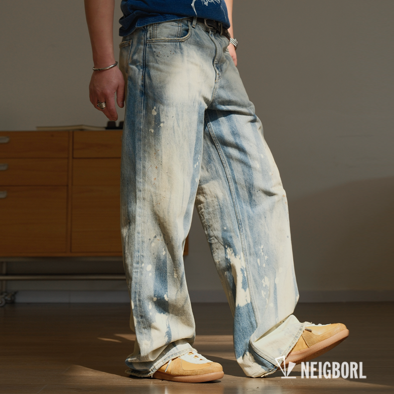 钊叔制夏季美式直筒泼墨牛仔裤