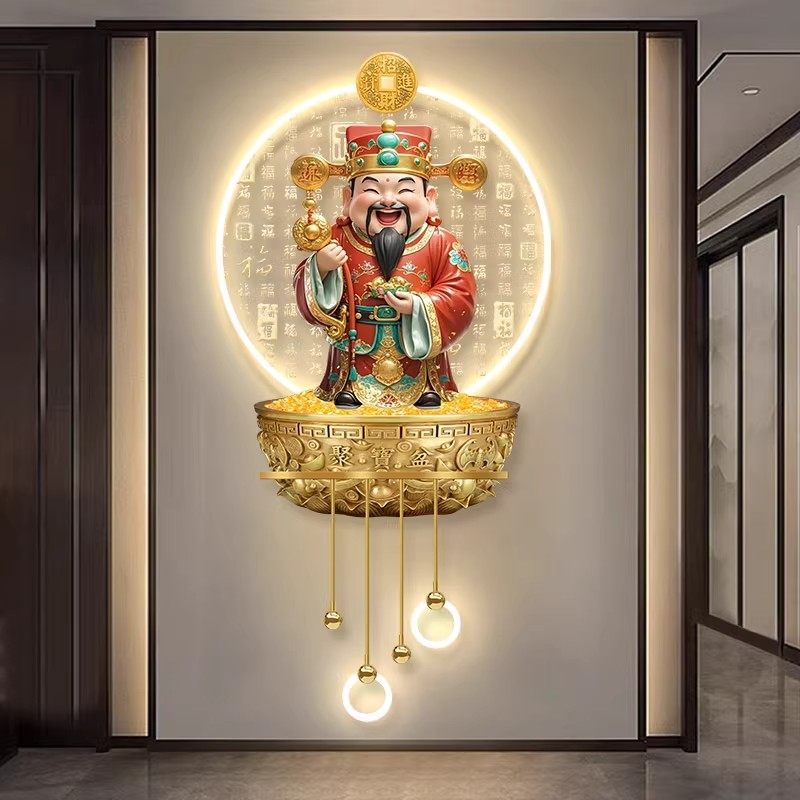 招财进宝财神爷客厅格栅装饰挂件福字背景墙壁画灯聚宝盆玄关挂画