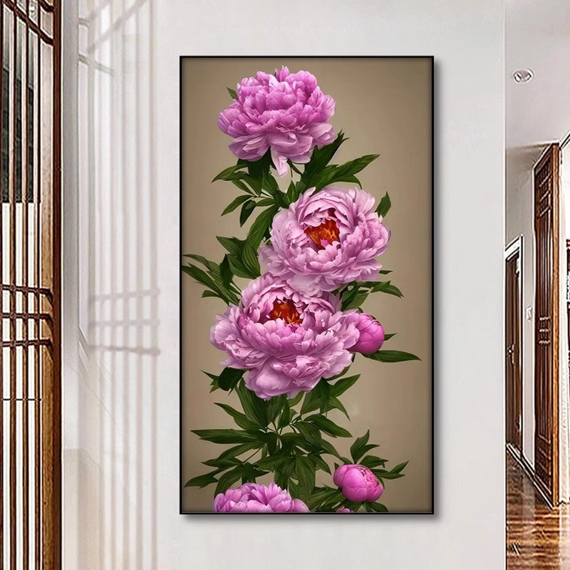 新中式牡丹花装饰画大幅玄关油画纯手F绘客厅中堂花开富贵竖版挂图片
