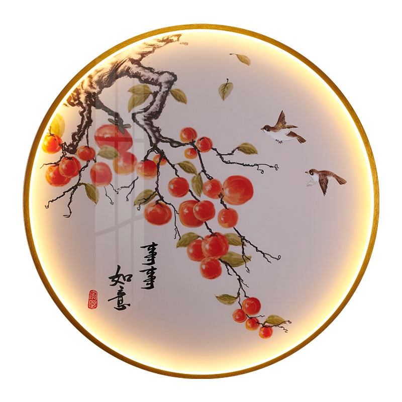 新中式壁画灯中国风客厅卧室餐厅带灯壁H画圆形背景墙装饰led壁画图片