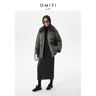 OMITI省略 miu系高级感微光色织格纹白鹅绒羽绒服可拆卸毛领外套