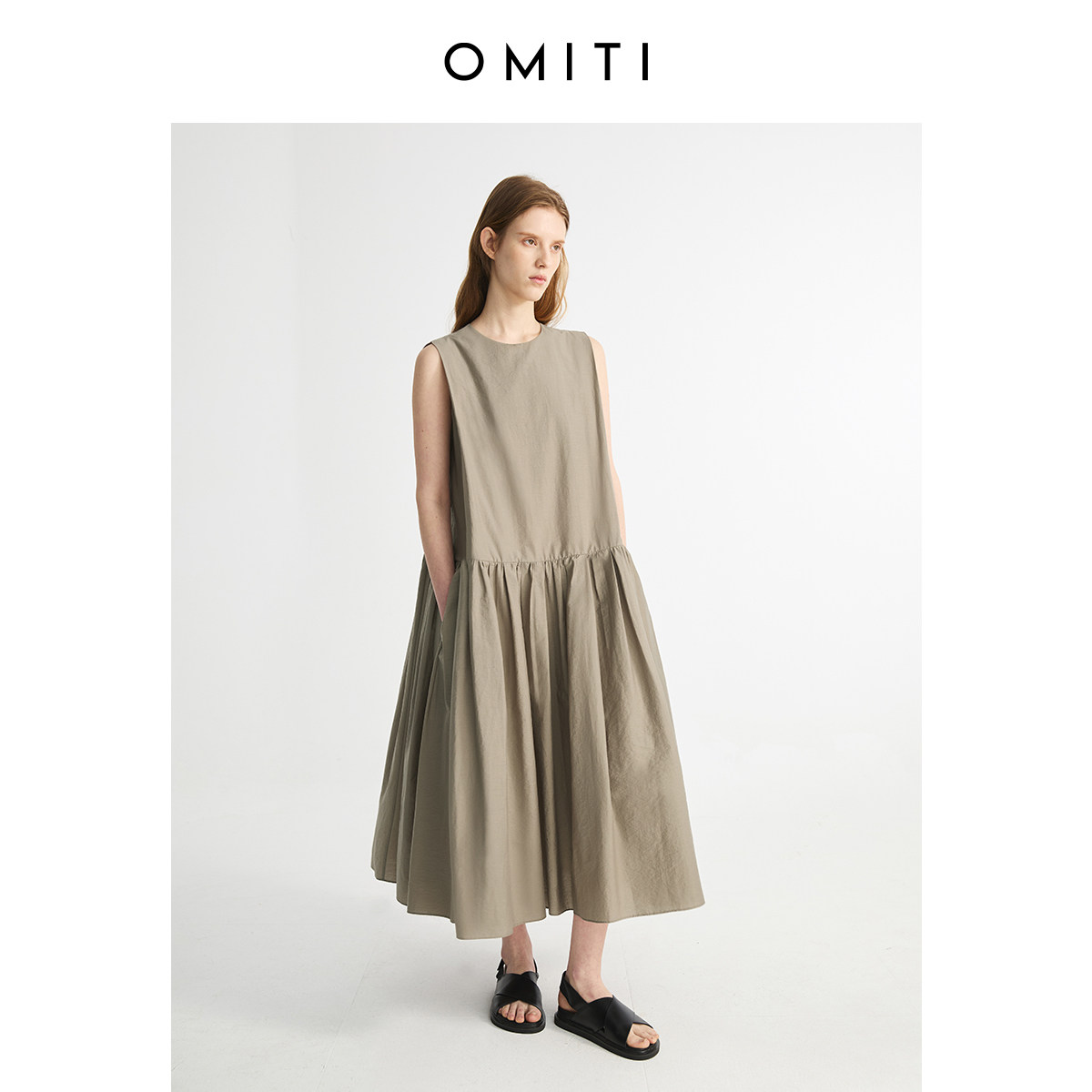 OMITI省略 奢柔PIMA棉中低腰纯色微皱无袖连衣裙女夏 假日感长裙