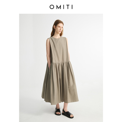 OMITI省略 奢柔PIMA棉中低腰纯色微皱无袖连衣裙女夏 假日感长裙
