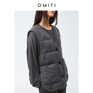 OMITI省略 高阶亚麻鹅绒马甲羽绒服女款2025冬季新款外穿深灰坎肩