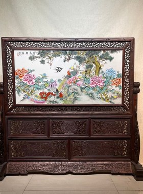 刘雨笒作品红木镶瓷板画粉彩花鸟百鸟朝凤插屏. 古玩旧藏