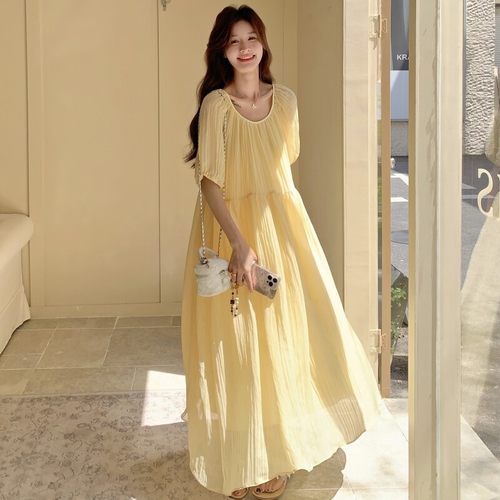 现货爆款！超大裙摆黄色公主纱裙！夏季短袖连衣裙P135K188