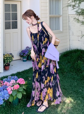 紫色设计感晕染印花吊带洋装套装女2025夏季新款西装马甲两件套