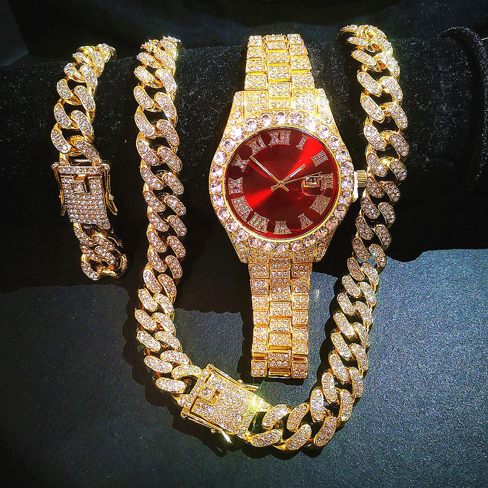 Full Iced Out Watch Mens Cuban Link Chain Bracelet Necklace