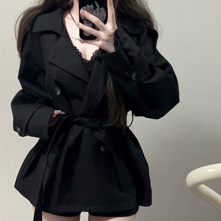 英伦风短款风衣黑色双排扣女小个子秋冬新款高级感收腰小香风