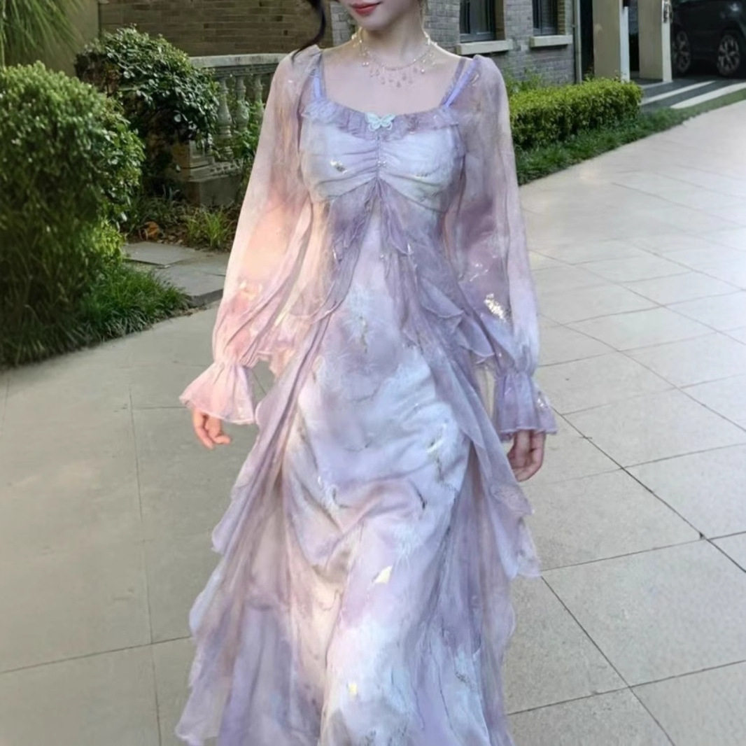 大码绝美紫色晕染烫金连衣裙女春季胖mm一字肩荷叶边仙气长袖