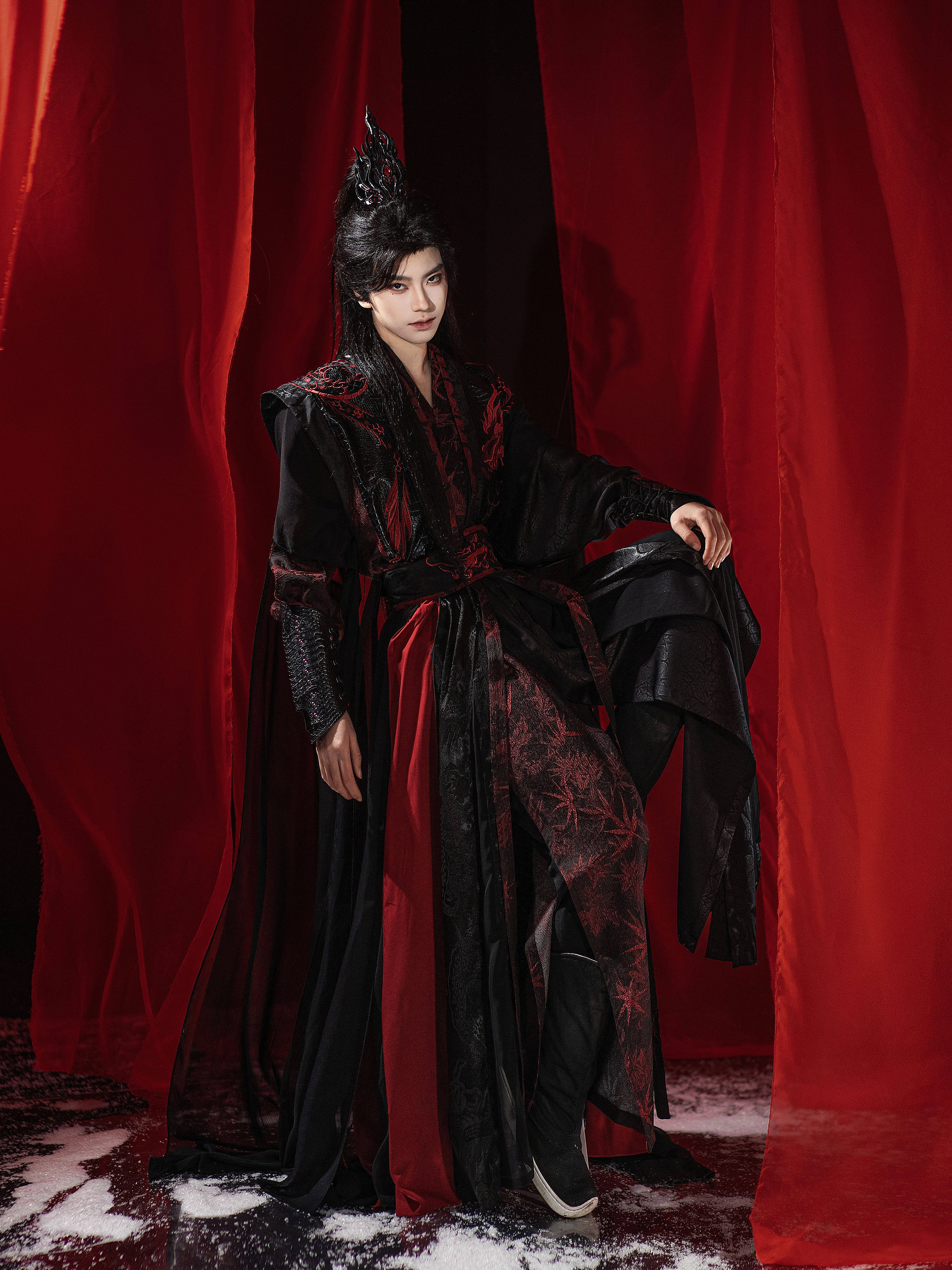 thumbnail for New [Zhu Chen] Hanfu unisex martial arts-style cross-collar long shirt, black and red ancient fantasy style set