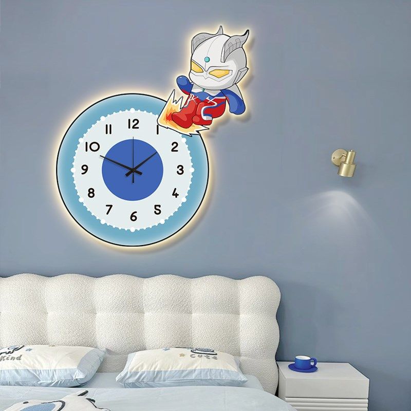 奥特曼2025新i款儿童房装饰画男孩钟表挂钟卧室床头挂画led壁灯画