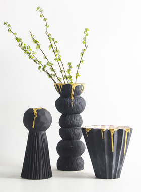 现代简约陶瓷花瓶摆件新中式样板间酒G店民宿客厅玄关黑白鎏金花