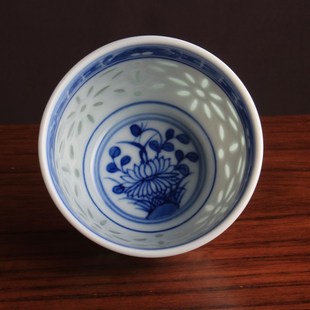手工青花玲珑瓷米通手绘茶杯主人杯古玩古L董陶瓷器仿古收藏品茶
