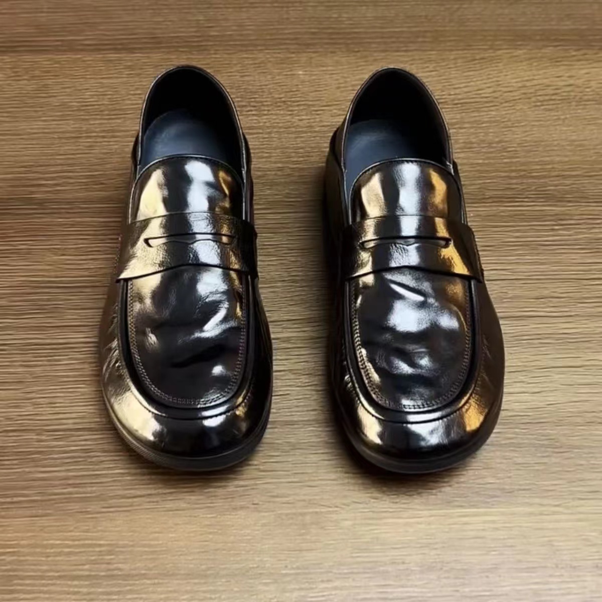 日本品质春季新款手抓牛皮商务休闲乐福鞋男士一脚蹬皮鞋软底无胶