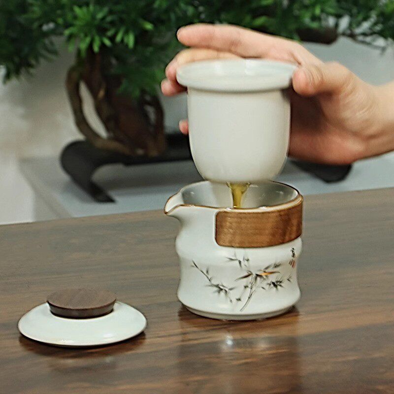 天青汝窑旅行茶具套装便携户外快客杯陶瓷墨竹露营旅游泡茶器套组
