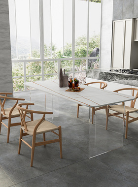 轻奢客厅亚克力透明餐桌 家用岩板悬浮桌椅组合 白色吃饭桌子一套
