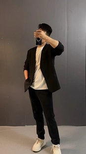 高品质M6吉拉无领西装 潮 外套极简低调风宽松显瘦秋冬黑色休闲西装