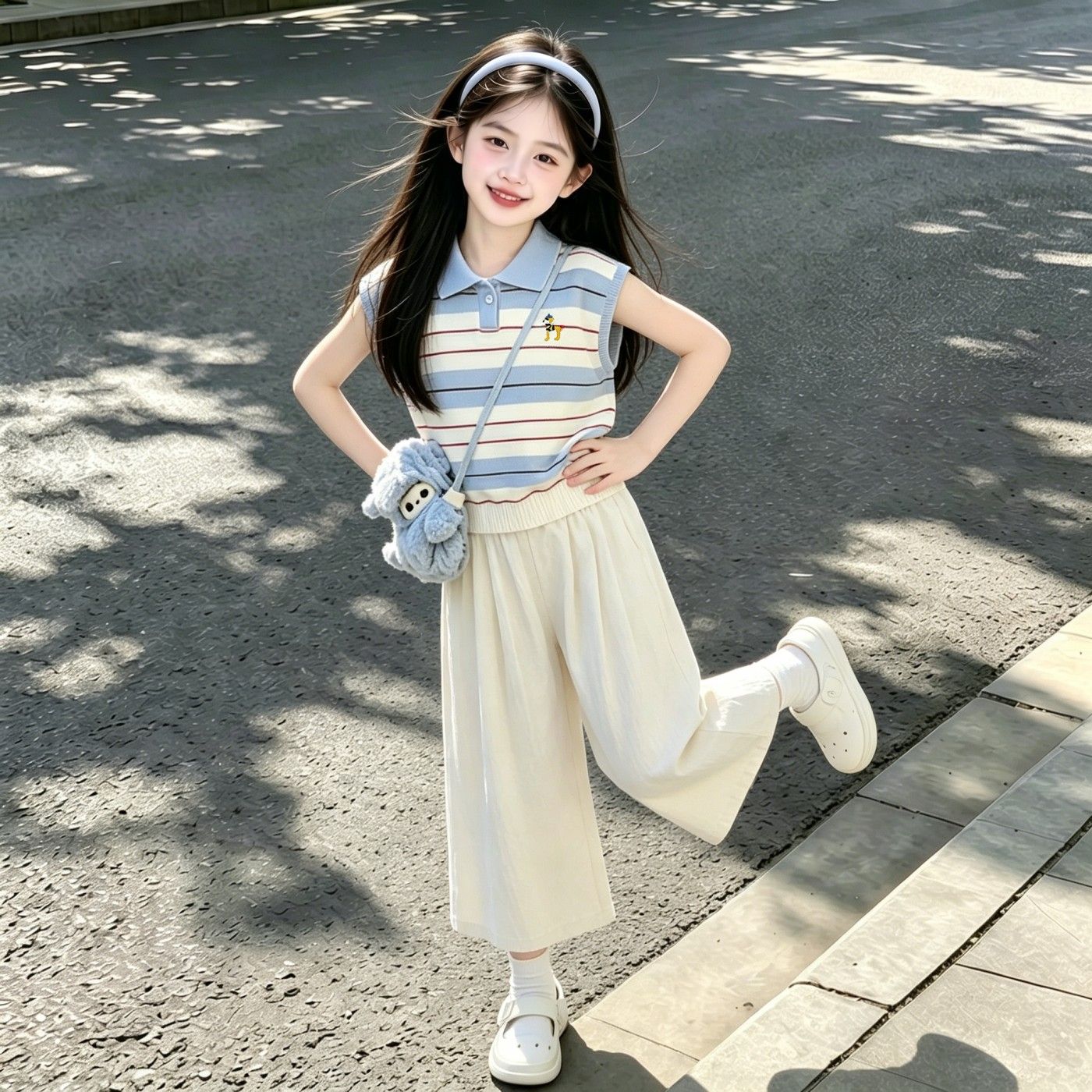 女童夏季Polo衫无袖套装2026新款女孩高级感七分阔腿裤儿童夏装潮图片