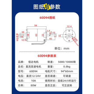 12v24v直流高速电机10000转微小型80W双出轴正反转调速电动小马达