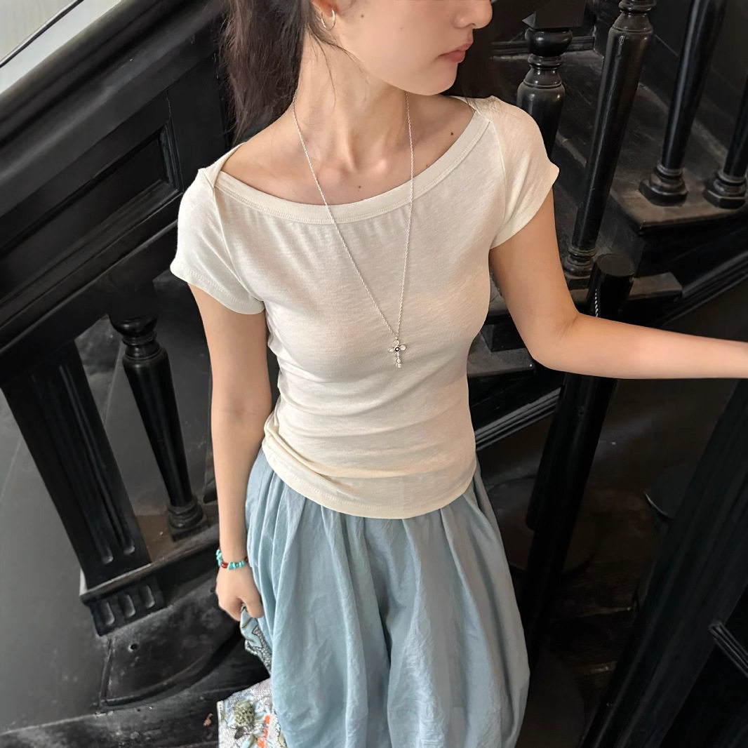 雪花纱纯欲短袖T恤 2025春夏DIGM宽领口修身莫代尔打底衫女50633