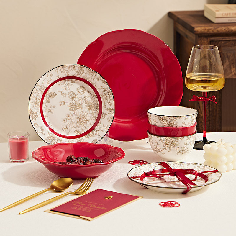 景德镇新款碗碟家用红玫瑰餐具碗碟组合米饭碗深盘汤碗红色餐具,餐饮具,碟,淘宝优惠券,粉丝福利购,淘宝优惠卷