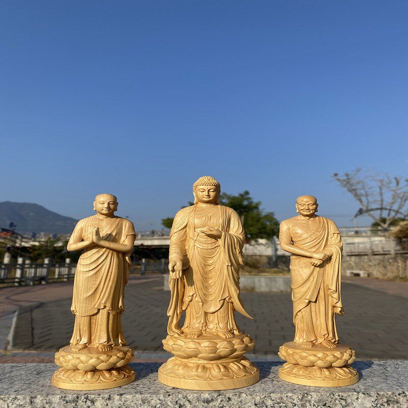 小叶黄杨木雕刻阿难迦叶尊者释迦牟尼佛J家用玄关佛堂装饰收藏摆
