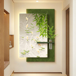 奶油风竹子玄关装饰画水培绿植走廊壁画带灯九鱼图入户门砂岩挂画