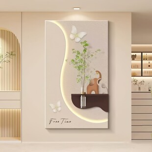 奶油风立体砂岩玄关画现代简约走廊尽头挂画水培绿植灯光画新款