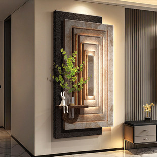 抽象肌理客厅电视机背景墙装饰画空间感水培绿植玄关砂岩带灯壁画