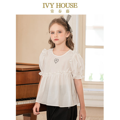 IVY HOUSE常春藤儿童装女童夏季新款清爽透气梭织阔版短袖T恤上衣